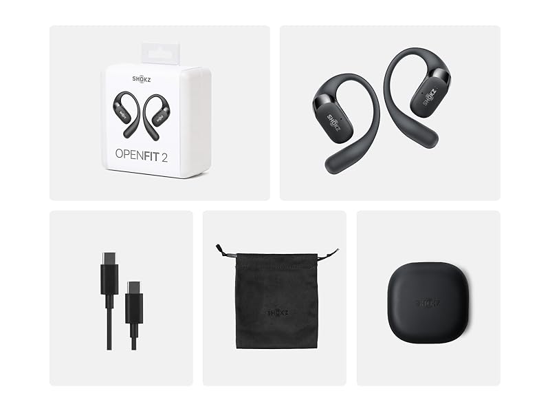 avec crochets auriculaires noirs, comprenant une boîte de produit, un étui de chargement, un câble USB et une pochette de rangement dans un design minimaliste.