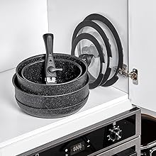 Easy Connect Induktion 8-teiliges Topfset, Platzsparendes Kochgeschirr mit abnehmbarem Griff,