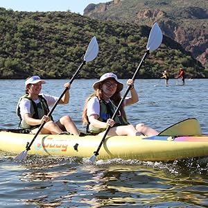 Buoy Watersports Havasu Two Seat Kayak - Two women are seated and paddling on a lake