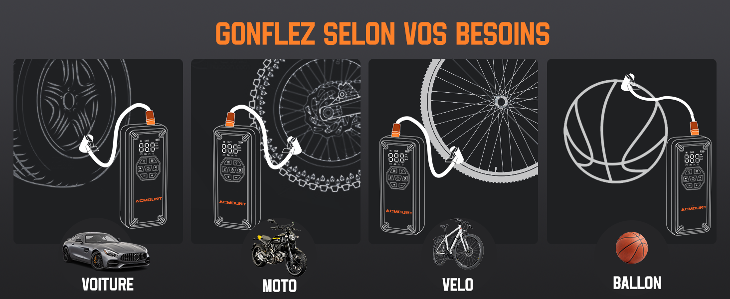 montrant un dispositif de gonflage pour divers objets : voiture (voiture), moto (moto), vélo (vélo) et ballon (ballon)