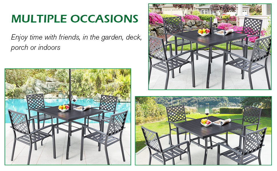 YODOLLA 5 Pieces Garden Dining Sets Outdoor 94cm Square Metal Table And 4 Metal Chairs With Umbrella Hole, Deck, Black 13 patio dining set