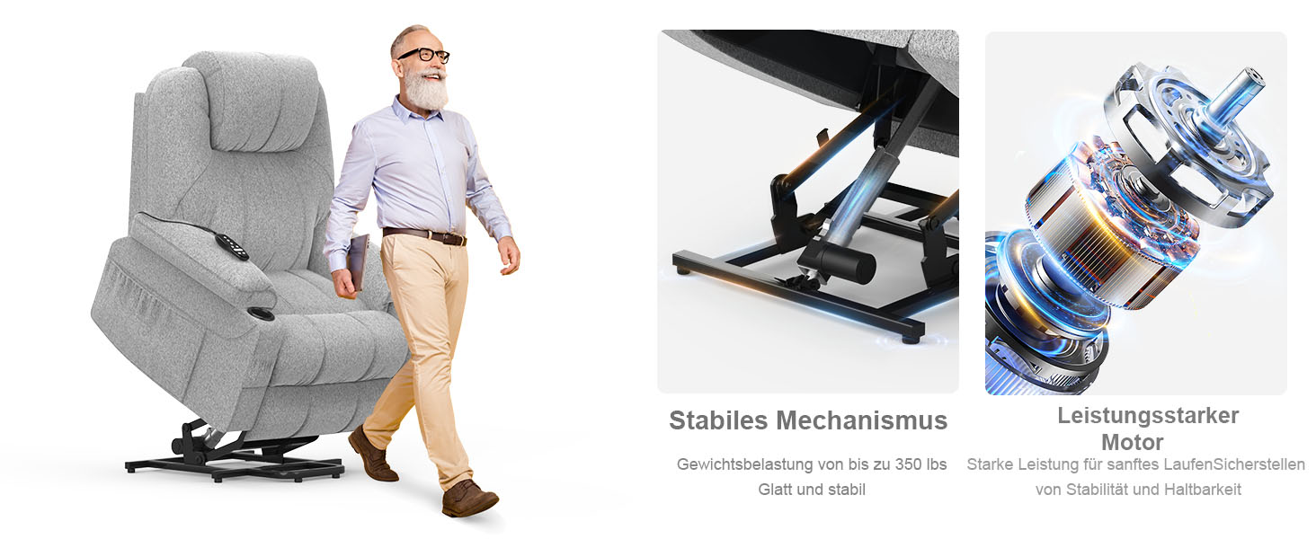 Elektrisch verstellbarer Relaxsessel mit grauer Polsterung, robustem Hubmechanismus und Hochleistungsmotor für eine reibungslose Bedienung und hohen Benutzerkomfort
