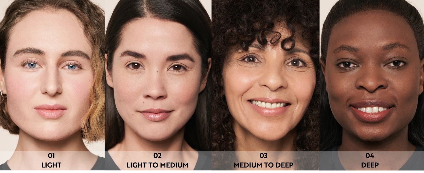 Four close-up facial portraits showing different skin tones, labeled from light to deep. Each face displays a natural, smiling expression.