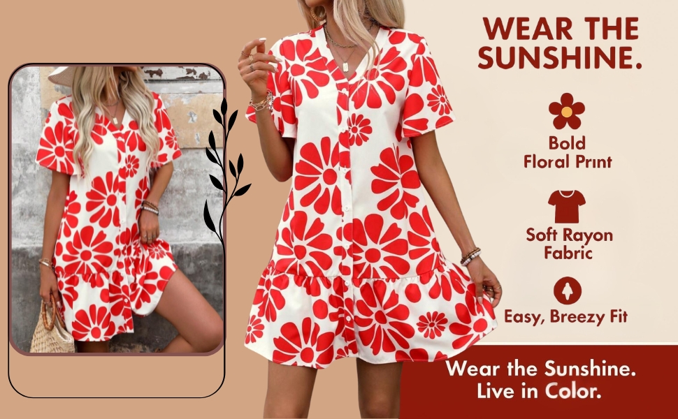 Model in red floral print short dress, side and front view with tiered hemline