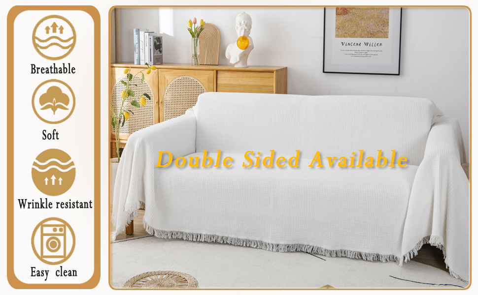 GAOWEI Waffle Sofa Throws Couch Cover Large 3 seater with Decorative Fringe ideal for Sofa Couch