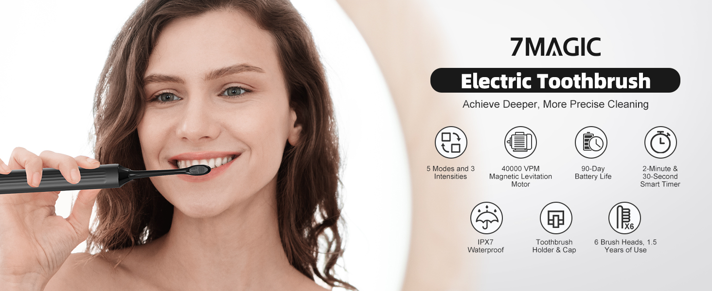 Electric toothbrush with person demonstrating use. Features include 5 modes, 40,000 VPM, 4-hour charge, IPX7 waterproof, 2-minute smart timer, and 30-second interval reminder.