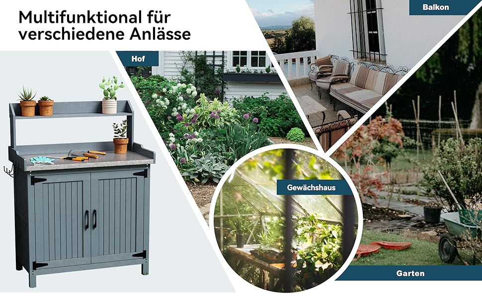 HOLTICO Outdoor Pflanztisch, Massivholz Gartenpflanztisch mit Metall