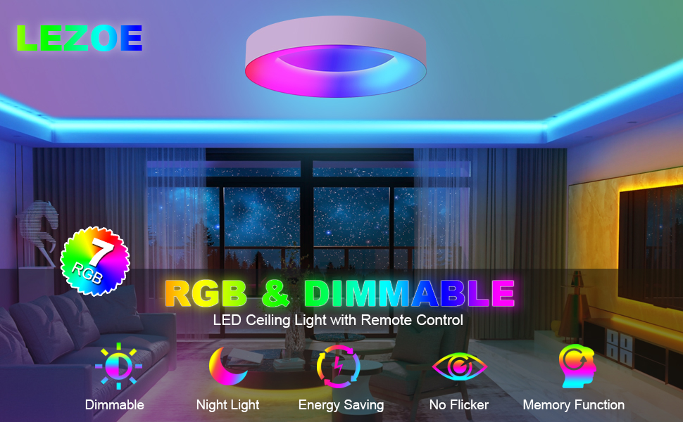 LEZOE RGB Flush Mount LED Ceiling Light Dimmable with Remote Control 11