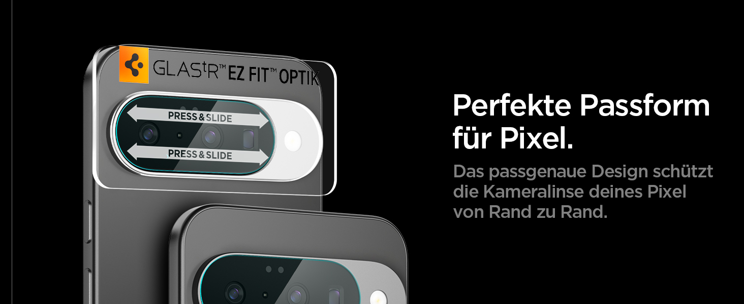 Der Text lautet „Perfekte Passform für Pixel“. Nahaufnahme des Kameraobjektivschutzes oder der Abdeckung des Kameraobjektivs auf einem schwarzen Smartphone, auf der Details des schützenden Designs zu sehen sind.