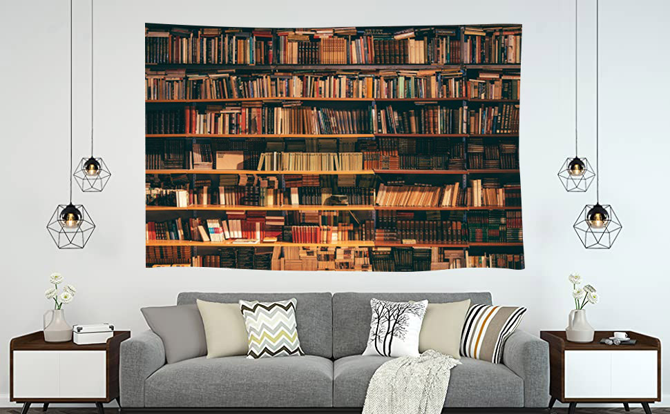 Vintage Library Tapestry Retro Bookshelf Wall Hanging Books
