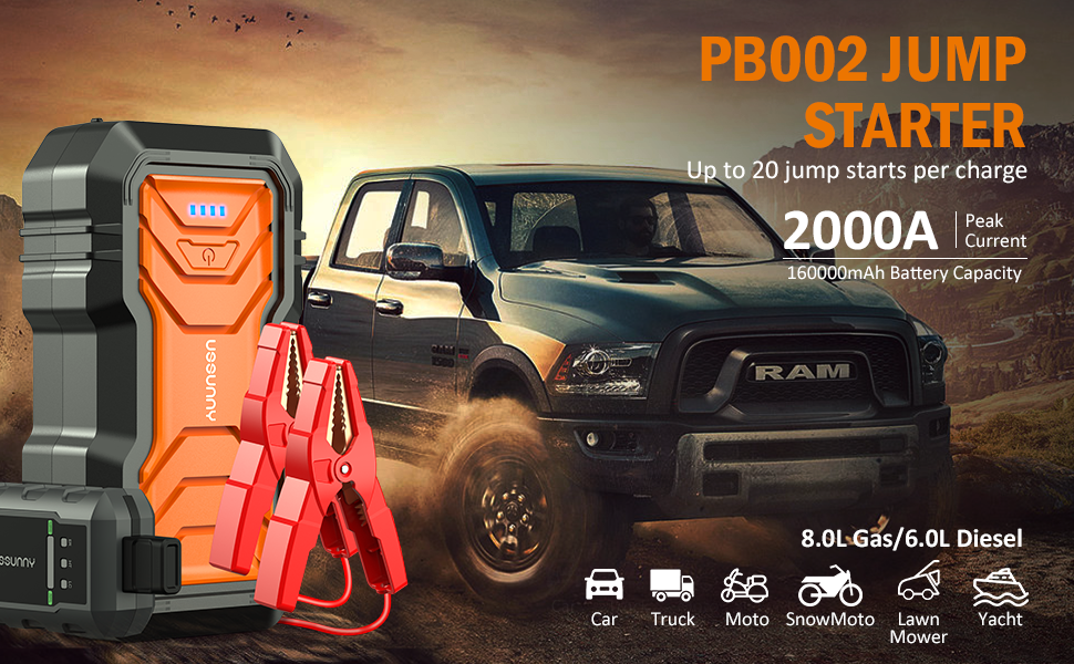 Ussunny Jump Starter, 2000A Smart Car Battery Booster Pack