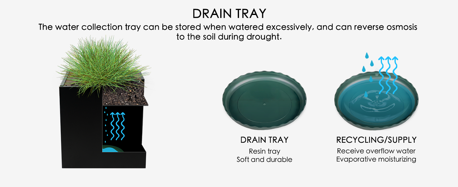Built-in resin drain tray stores excess water and rehydrates plants during dry spells.
