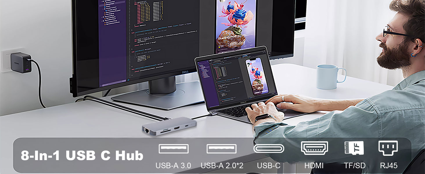 XuanGui USB C to HDMI Multiport Adapter, USB C 8in1 Hub