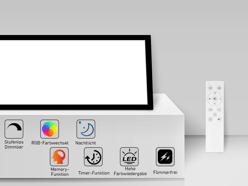 Bedienoberfläche mit Symbolen für verschiedene Funktionen wie Farbanpassung, Bildschirmposition und Timer-Funktionen, wobei die weiße Fernbedienung sichtbar ist.