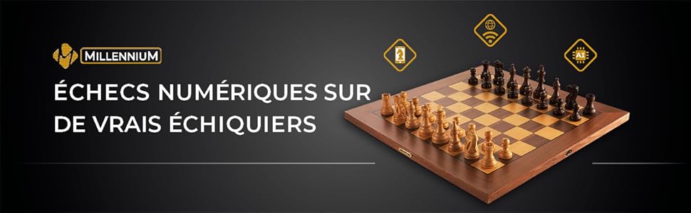 Publicité de jeu d'échecs numérique montrant un échiquier en bois réaliste avec des pièces sur fond sombre avec des éléments d'interface.