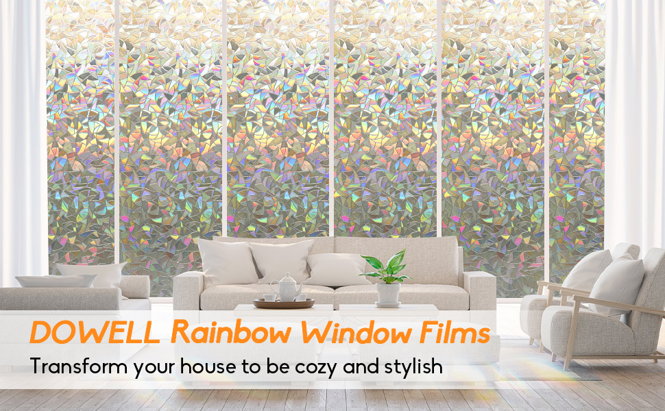 DOWELL Window Privacy Film, Stained Glass Window Film, Rainbow 3D Decorative Window