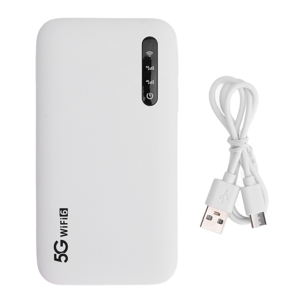 White rectangular power bank with LED indicator lights and 5G WiFi text. Includes white USB charging cable with standard USB and micro-USB connectors.