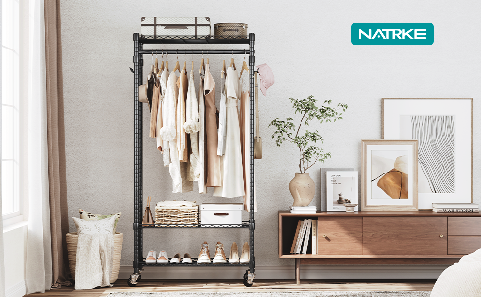 NATRKE Garment Rack with Storage Shelves, 3 Tiers Clothes