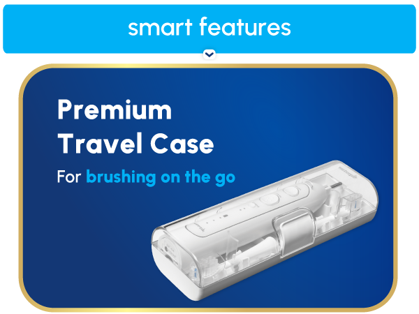 Image of toothbrush travel case with text reading premium travel case for brushing on the go