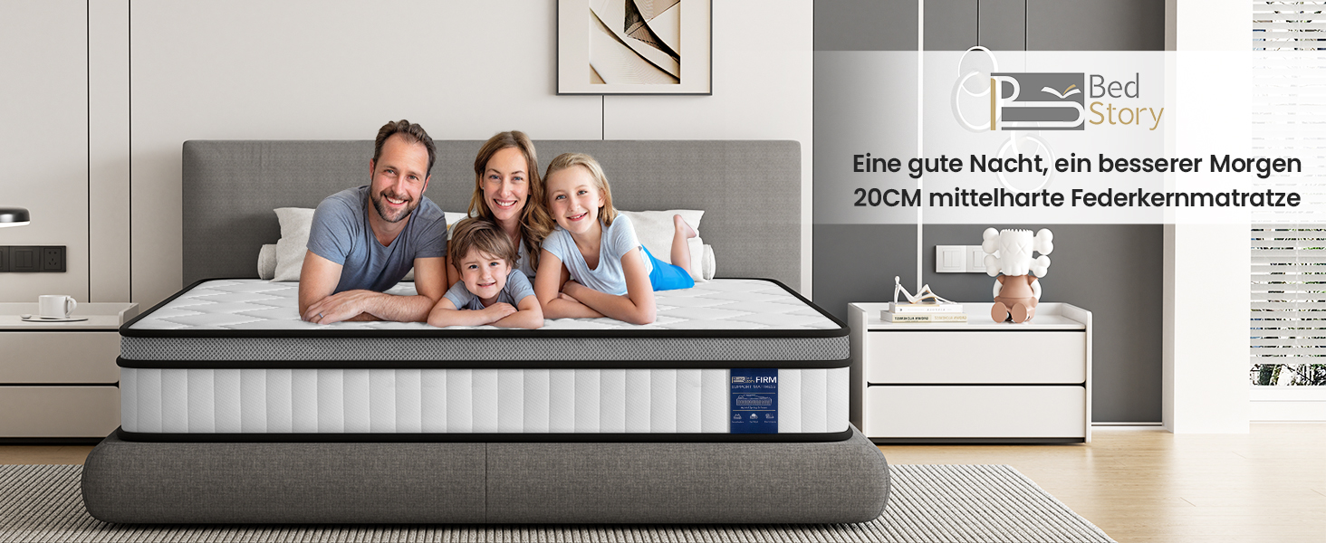 Modern mattress with gray upholstered headboard shown in contemporary bedroom setting. White bedding and minimalist decor visible in background.