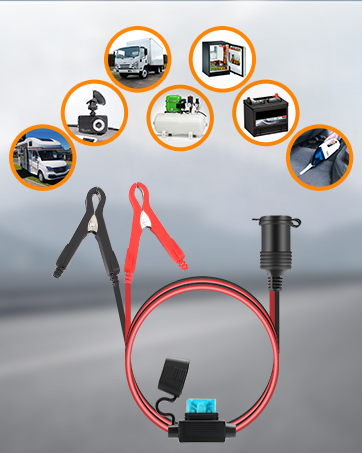 Red and black jumper cables with clamps. Surrounded by circular icons depicting various automotive-related items and services.