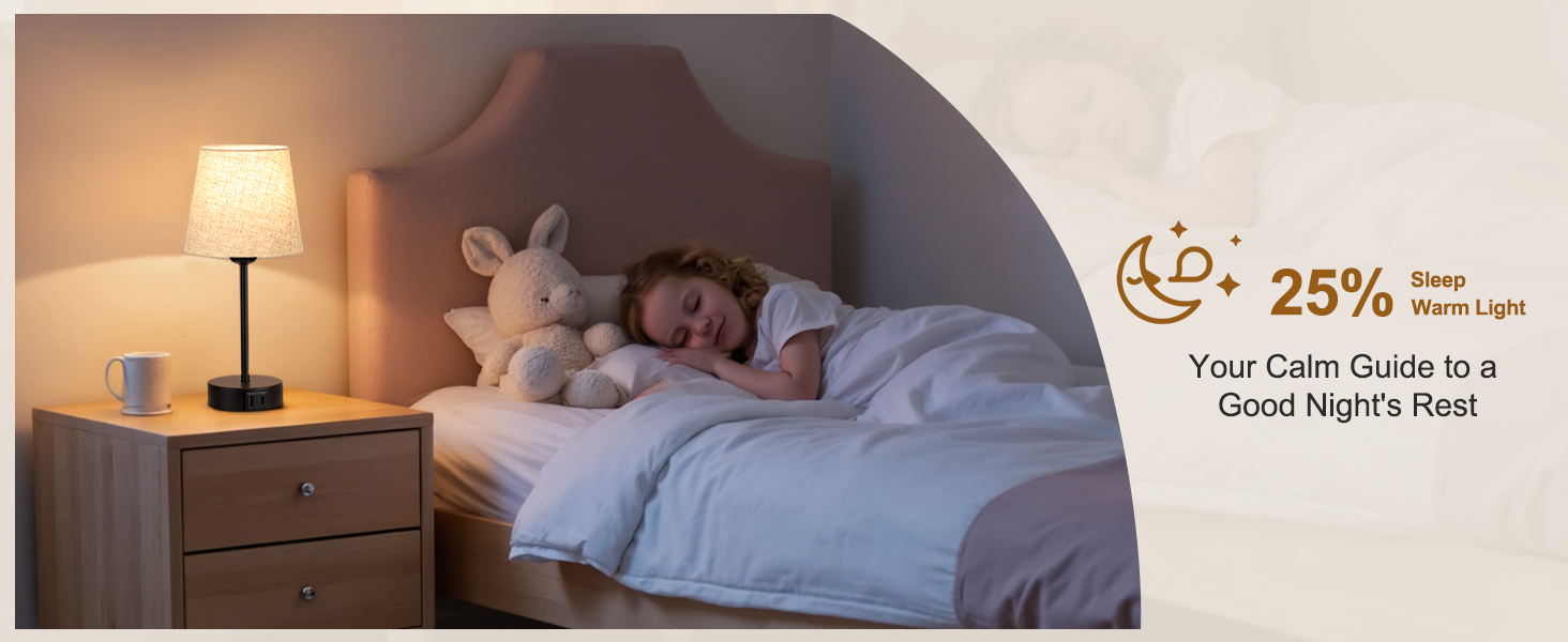 Bedroom interior with blue bedding, nightstand with table lamp, and stuffed animal. Text overlay indicates 25% promotion related to sleep.