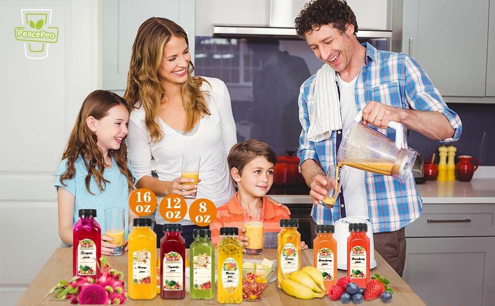 PeacePeo Plastic Juice Bottles with Caps, 12OZ Juice