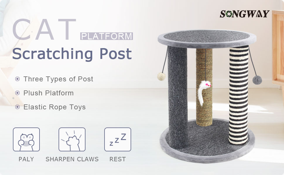 SONGWAY Cat Scratching Post Tree - Cat Tree with 3 Scratching Poles and Dangling Balls, Carpeted Base and Perch, Interactive Scratcher Toy for Indoor Cats Kittens, Grey 15 01
