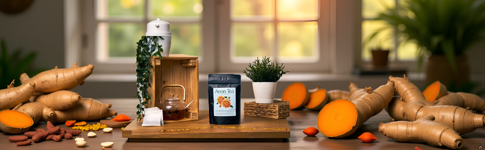 A rustic wooden table with a steaming cup of the product surrounded by turmeric roots, ginger slices