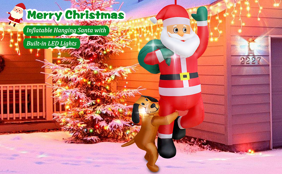 6 FT Christmas Inflatables Hanging Santa Claus with Dog
