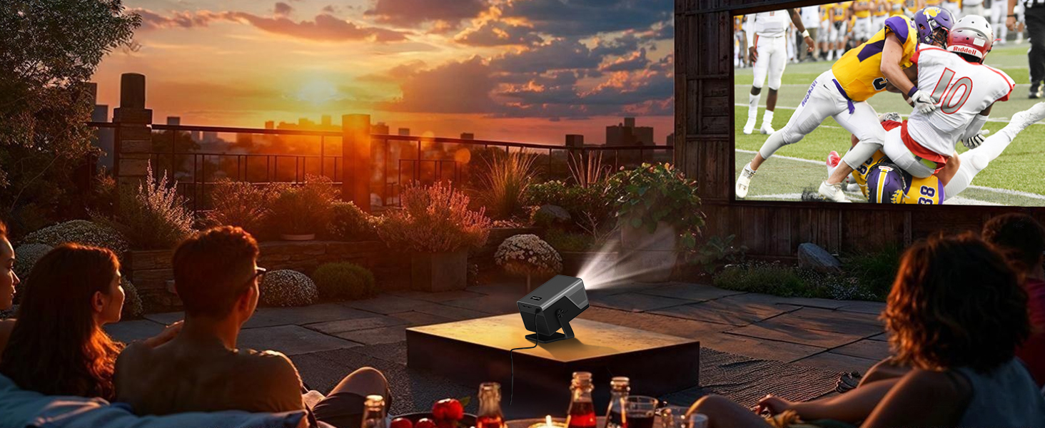 Collage of outdoor leisure scenes showing people gathered around a table during sunset, with sport activities and recreational moments captured in smaller panels.