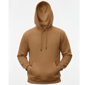 سترة بلوفر باللون البني تظهر من زوايا متعددة، وتتميز بتصميم كلاسيكي مع غطاء للرأس وجيب أمامي.