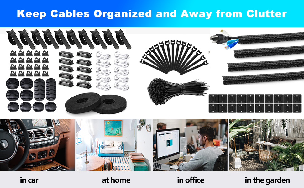 INCHOR 196pcs Cable Management Kits, 100 Fasten Cable Ties, 40 Self Adhesive Cord Holders, 20