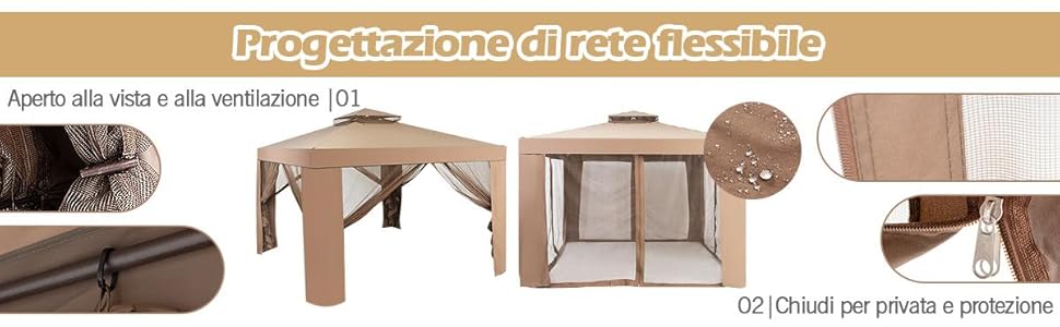 COSTWAY Gazebo Da Giardino Con Zanzariera 3 X 3 M, Struttura In Acciaio E 4 Tendine Poliestere Laterali, Beige 12 1