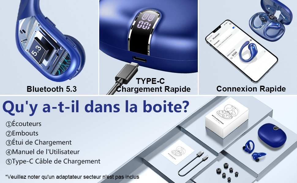 sur les écouteurs sans fil avec plusieurs images. Les fonctionnalités incluent Bluetooth 5.3, la charge rapide de type C et la connexion rapide. Contenu de la boîte indiqué en français.