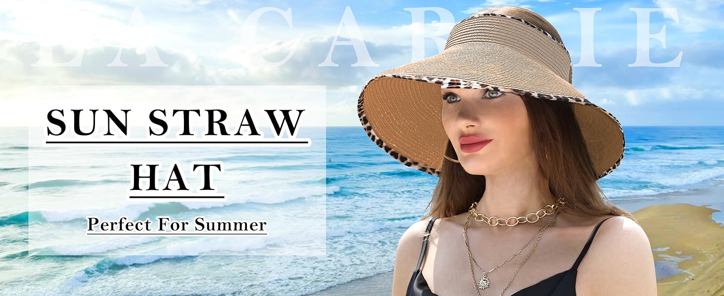 Sun Hat Women Beach Straw Visor Wide Brim UV Protection UPF Summer Black