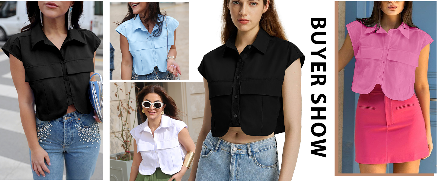 Tankaneo Womens Button Down Shirts Cute Summer Cap Sleeve Crop Tops Blouse