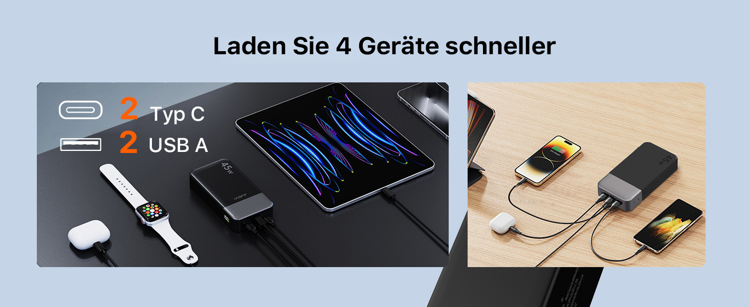Der Text lautet 'Laden Sie 4 Geräte schneller'. Bilderserie, die den Ladevorgang für elektronische Geräte mit mehreren Anschlüssen zeigt.