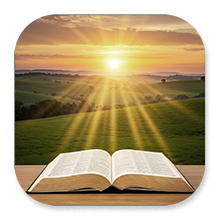 Sun rising over hilly grassy fields with an open bible in the foreground.