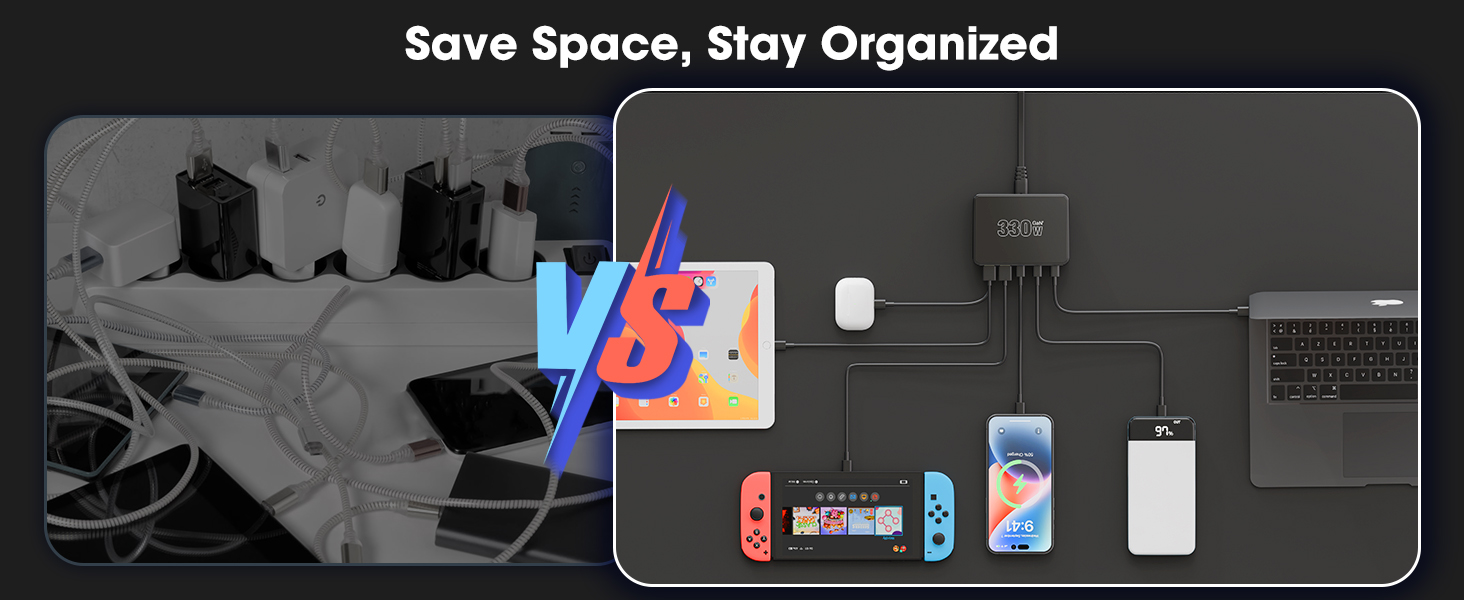 Text reads 'Save Space, Stay Organized'. Split-screen comparison showing cluttered vs organized charging setup with electronic devices.