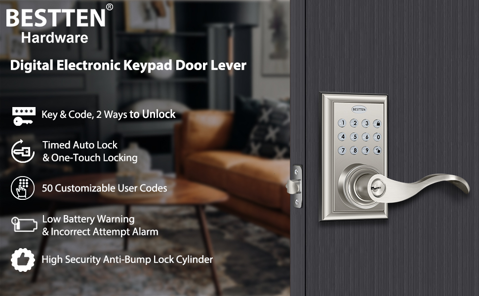 BESTTEN Contempary Keypad Lever Door Lock with Reversible Handle, Modern Programmable Keyless