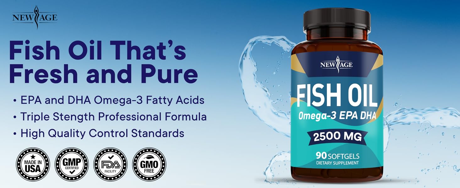 NEW AGE Omega 3 Fish Oil 2500mg Supplement Non GMO - EPA, DHA Fatty Acids Gluten Free (180 Softgels (Pack of 2))