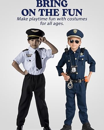 Text reads 'BRING ON THE FUN Make playtime fun with costumes for all ages.' Children's costumes showing police officer and pilot uniforms with accessories.