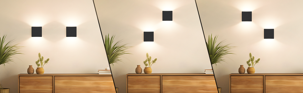 Three-panel image of minimalist square wall lights illuminating a beige wall above a wooden sideboard with decorative plants and vases.