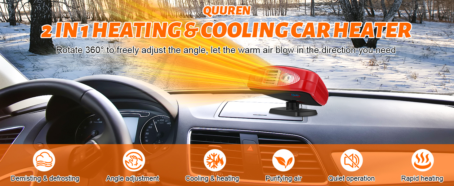 QUUREN 12V Car Heater Fan, 150W Car Heater 2 in 1 Fast Heating