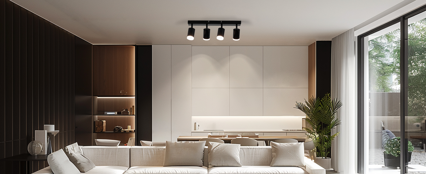 Modern living room interior with track lighting, dark accent wall, white furniture, and large windows providing natural light.