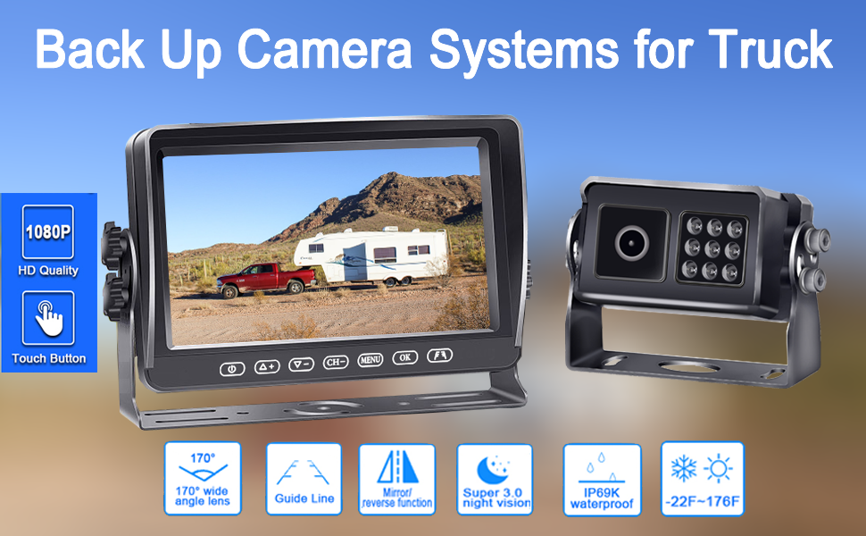 RV Backup Camera Wired HD 1080P 7 Inch Monitor Touch Button Two Channels Rear View
