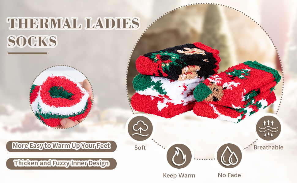 Thermal ladies socks with red, green and white holiday pattern. Features include soft material, warmth retention, fade resistance, and breathable design.
