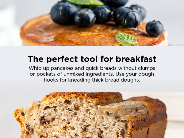 pancakes breads unmixed ingredients dough hooks kneading thick bread doughs.