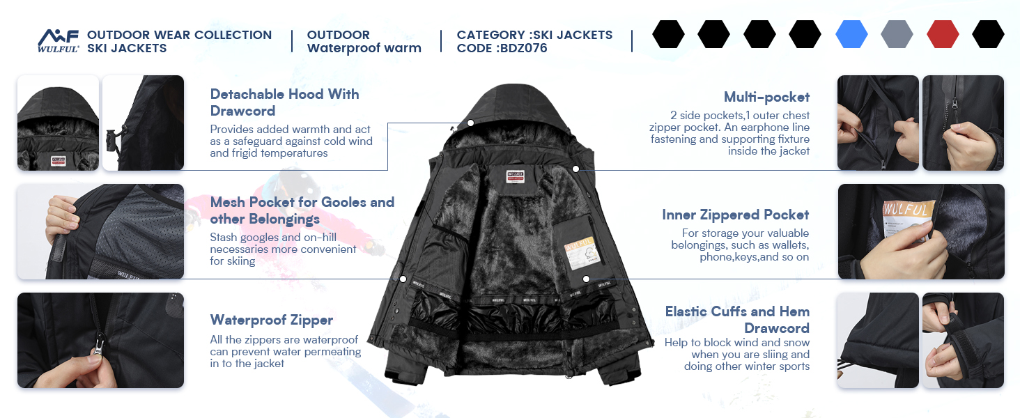 WULFUL Men's Waterproof Ski Jacket Warm Winter Snow Coat Mountain Windbreaker Hooded Raincoat